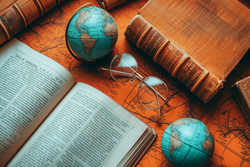 Twitter header, subtle gradient of burnt red depiction of classic books and a globe. AI generative