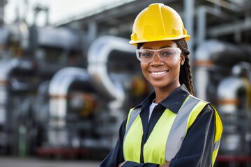 Black female engineer wearing hard hat and safety glasses at industrial site