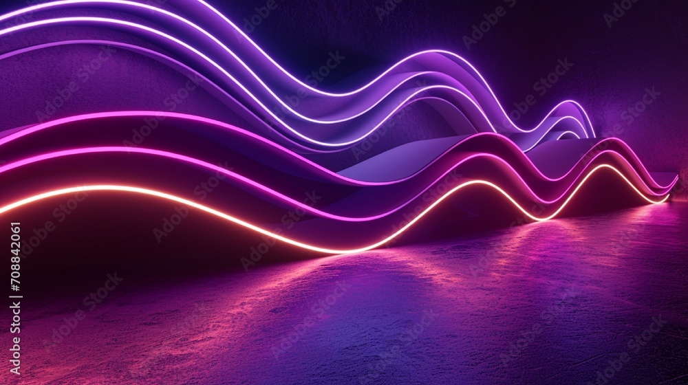 Poster 3d render, abstract minimal neon background with glowing wavy line. dark wall illuminated with led l