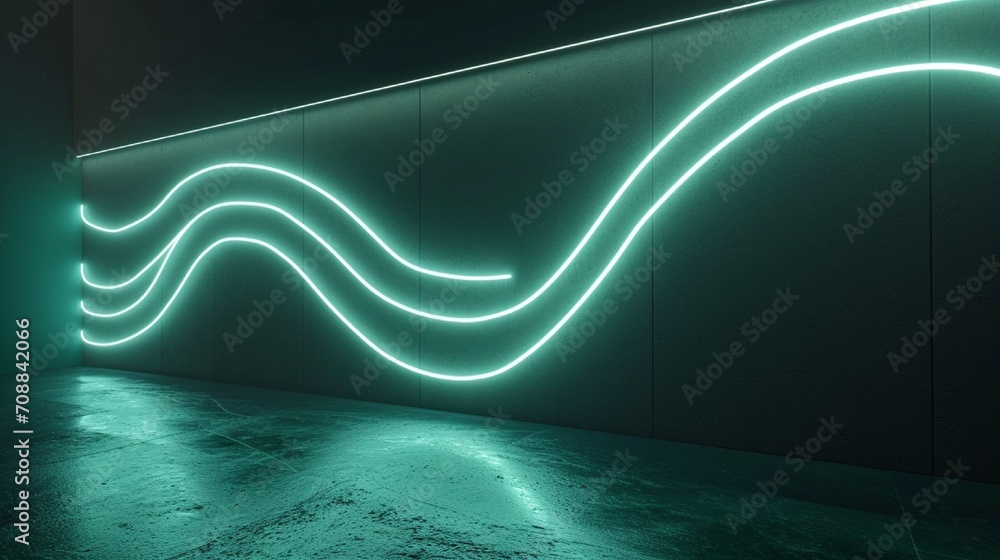 Aufkleber 3d render, abstract minimal neon background with glowing wavy line. dark wall illuminated with led l