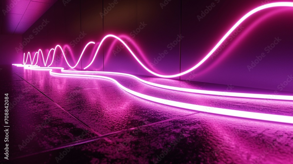 Aufkleber 3d render, abstract minimal neon background with glowing wavy line. dark wall illuminated with led l