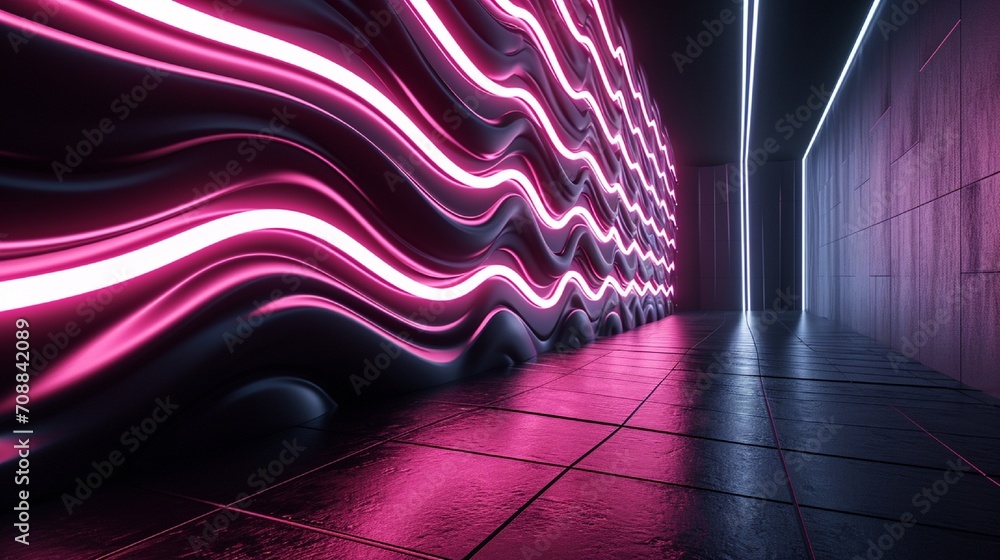 Poster 3d render, abstract minimal neon background with glowing wavy line. dark wall illuminated with led l