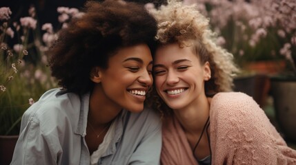 Naklejka premium Two young multiracial women smiling and laughing together in a garden