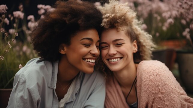 Two young multiracial women smiling and laughing together in a garden