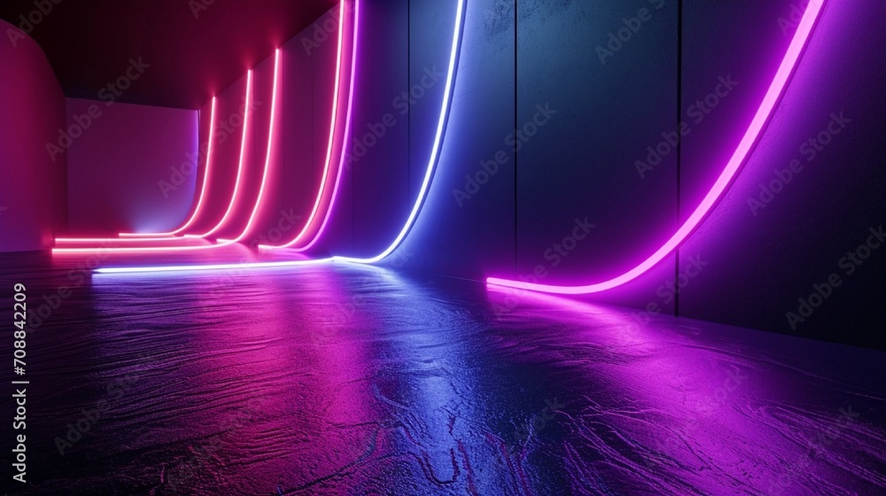 Aufkleber 3d render, abstract minimal neon background with glowing wavy line. dark wall illuminated with led l