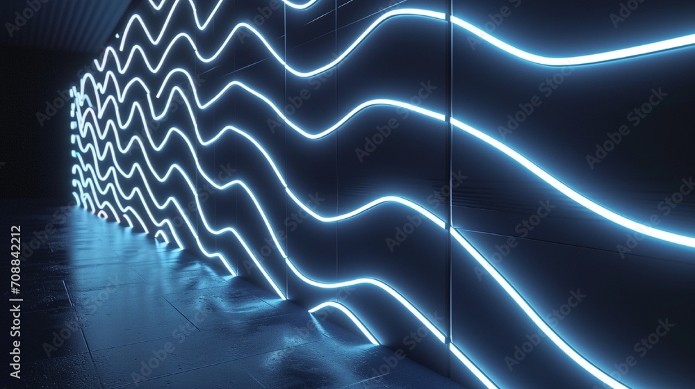 Poster 3d render, abstract minimal neon background with glowing wavy line. dark wall illuminated with led l