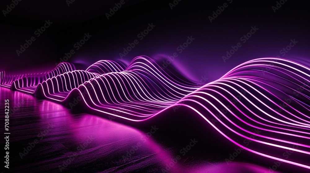 Aufkleber 3d render, abstract minimal neon background with glowing wavy line. dark wall illuminated with led l