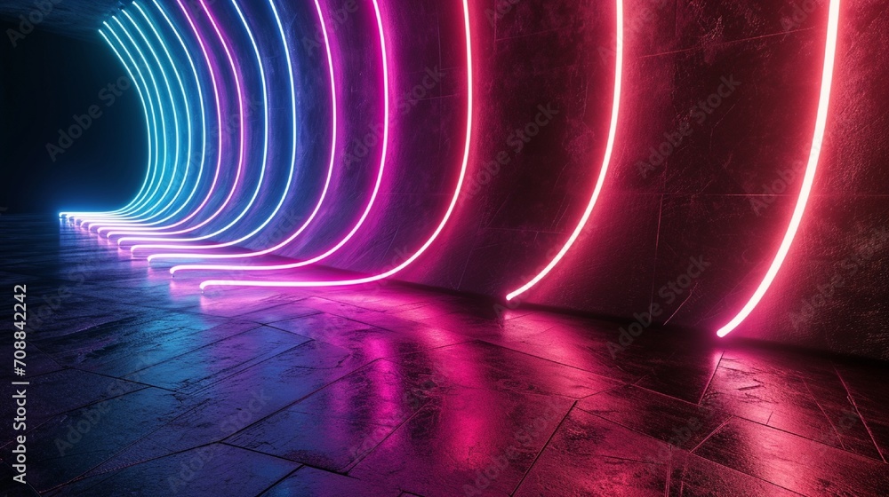Poster 3d render, abstract minimal neon background with glowing wavy line. dark wall illuminated with led l