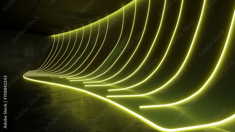 Poster 3d render, abstract minimal neon background with glowing wavy line. dark wall illuminated with led l