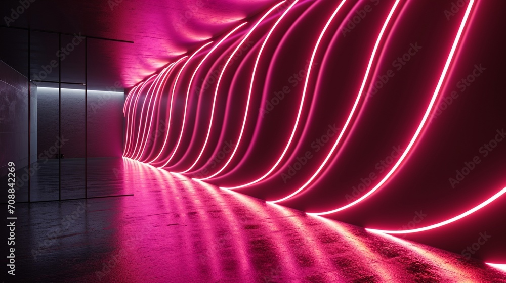 Poster 3d render, abstract minimal neon background with glowing wavy line. dark wall illuminated with led l