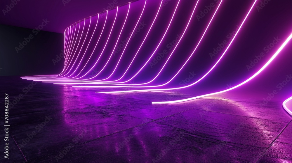 Aufkleber 3d render, abstract minimal neon background with glowing wavy line. dark wall illuminated with led l