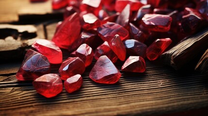 Red Enchanted Stone Splinters Scattered on Wooden Floor in Mystical Fragments