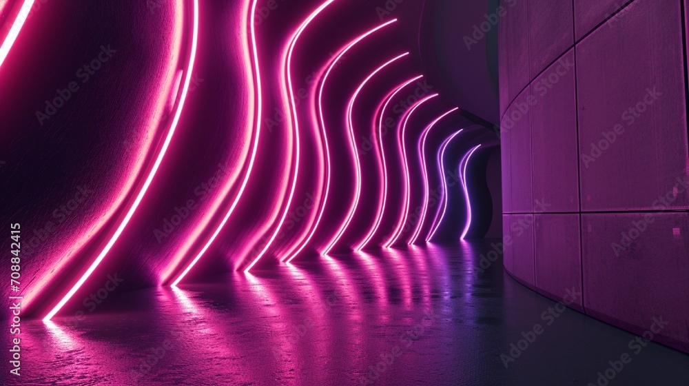 Aufkleber 3d render, abstract minimal neon background with glowing wavy line. dark wall illuminated with led l