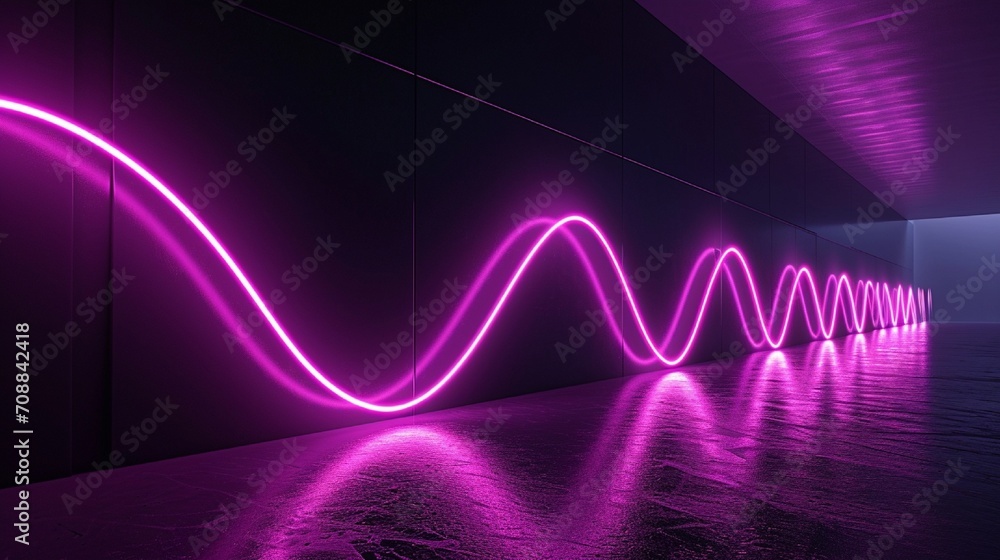 Aufkleber 3d render, abstract minimal neon background with glowing wavy line. dark wall illuminated with led l