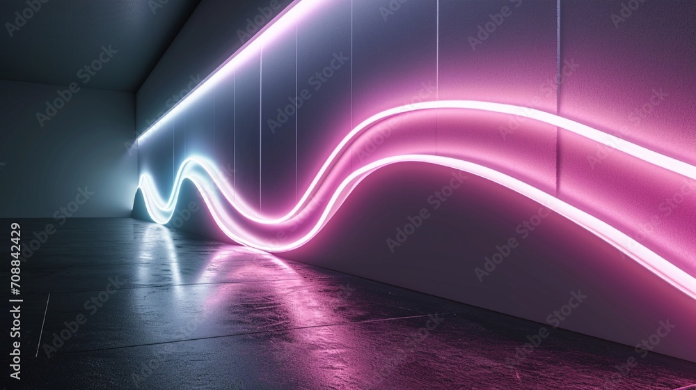 Aufkleber 3d render, abstract minimal neon background with glowing wavy line. dark wall illuminated with led l