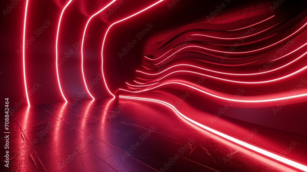 Poster 3d render, abstract minimal neon background with glowing wavy line. dark wall illuminated with led l