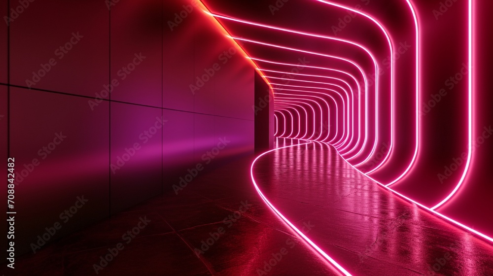 Poster 3d render, abstract minimal neon background with glowing wavy line. dark wall illuminated with led l