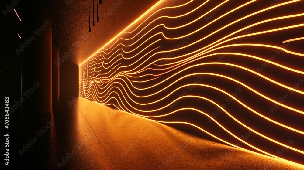 Poster 3d render, abstract minimal neon background with glowing wavy line. dark wall illuminated with led l