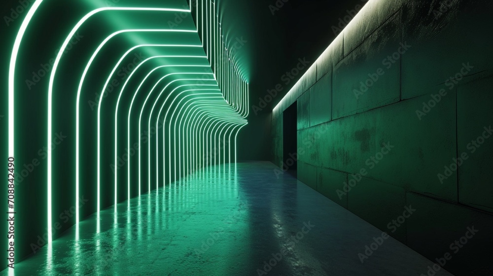 Poster 3d render, abstract minimal neon background with glowing wavy line. dark wall illuminated with led l