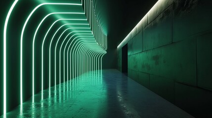 3D render, abstract minimal neon background with glowing wavy line. Dark wall illuminated with LED lamps. Green futuristic wallpaper.