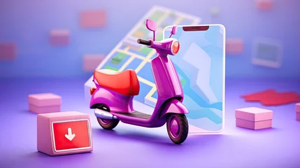 Foto op Aluminium Fast delivery package by scooter on mobile phone. Order package in E-commerce by app. Tracking courier by map application. Three dimensional concept. Vector illustration  © chaynam