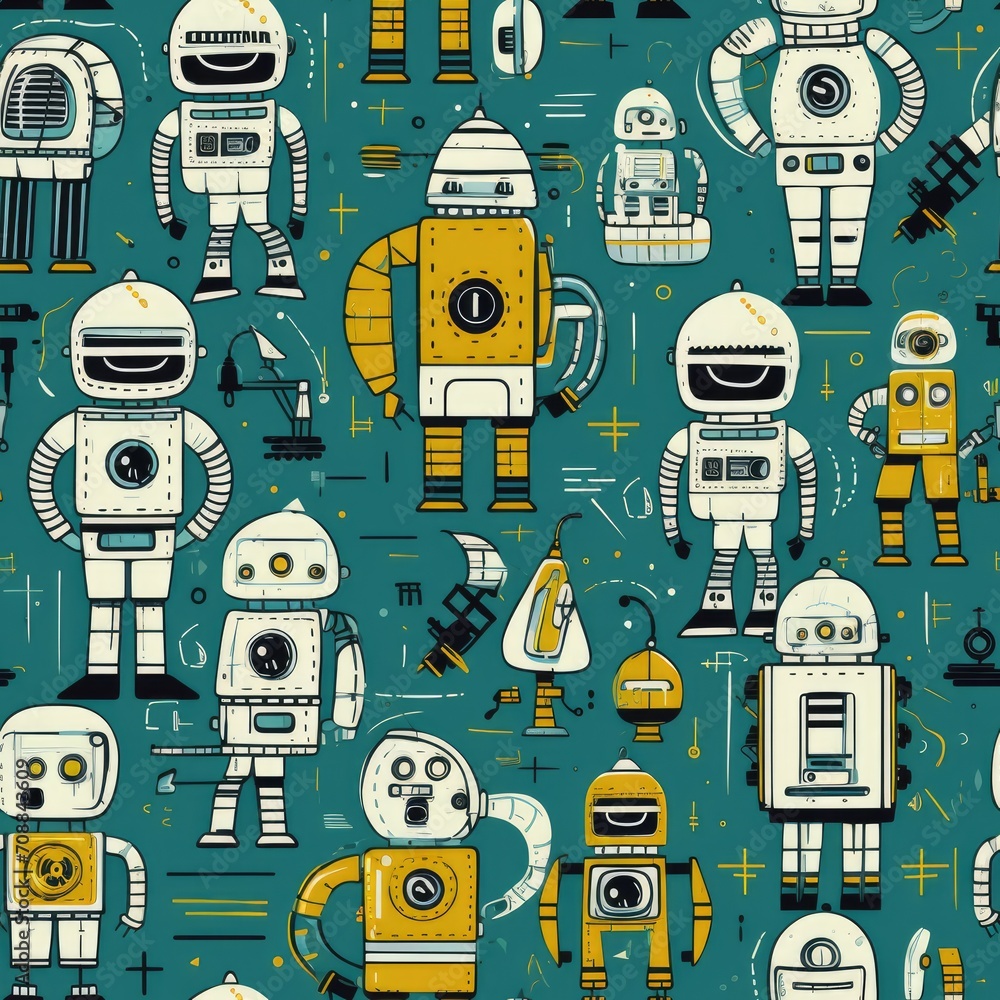 Poster robots robot futuristic city circuitry futuristic helmet laser beam seamless pattern
