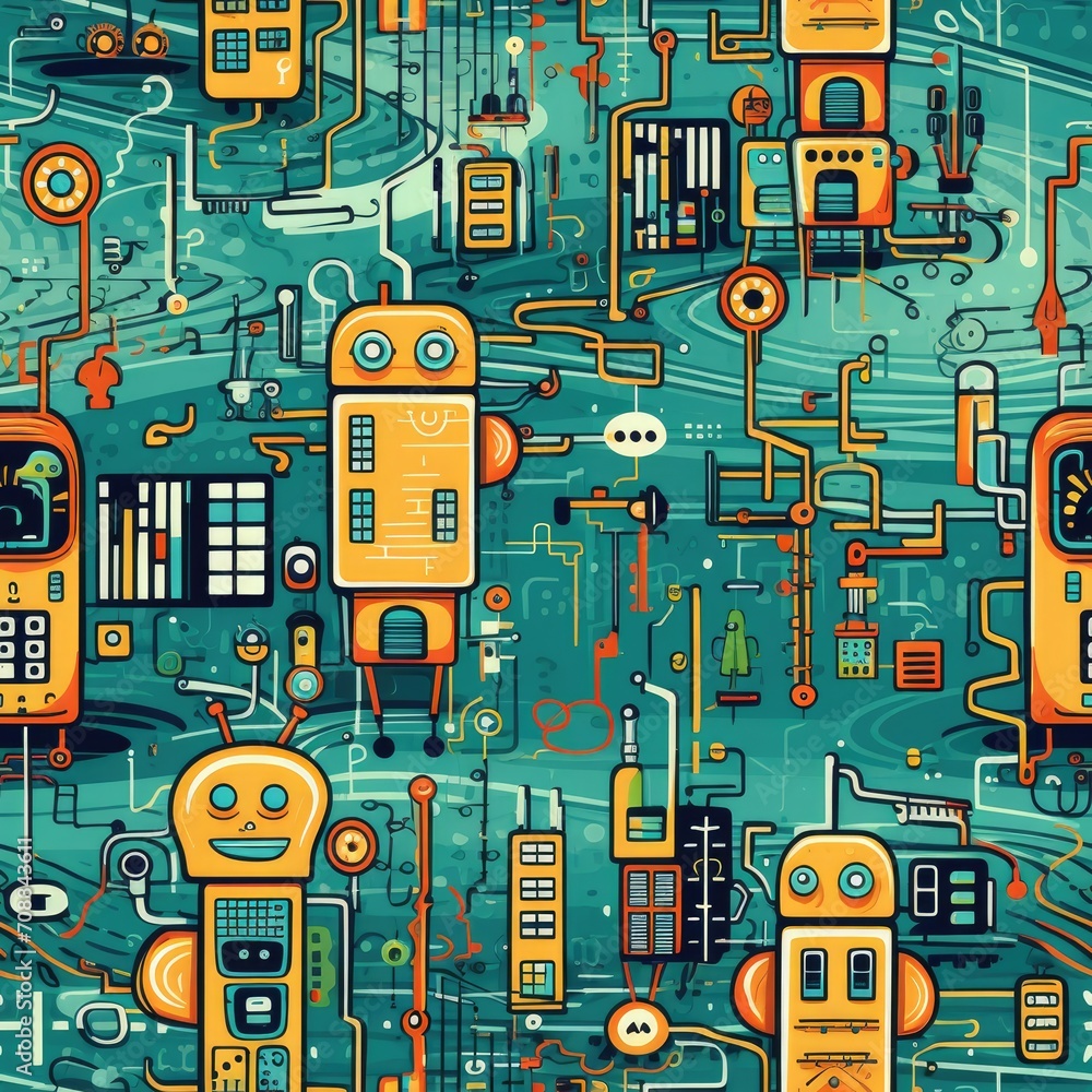 Poster robots robot futuristic city circuitry seamless pattern