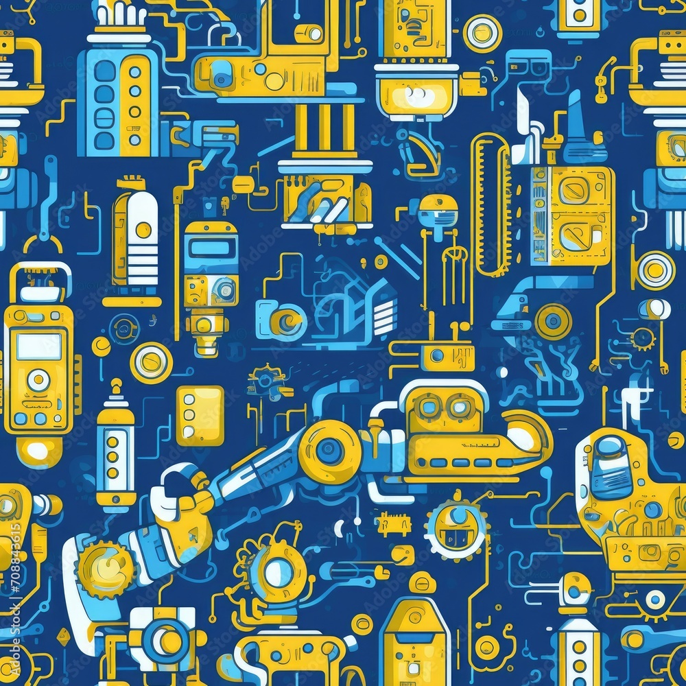 Poster robots robot futuristic city circuitry gears laser beam robotic arm seamless pattern