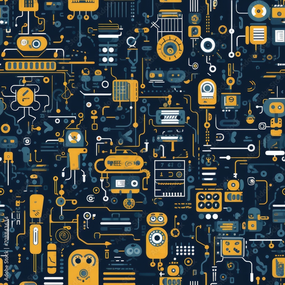 Poster robots robot futuristic city circuitry gears laser beam seamless pattern