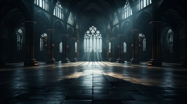 Fototapeta Abstract renaissance huge hall with smoke room and dark, gothic lighting, Generative AI.