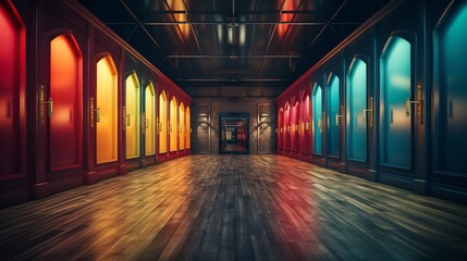 An extended, empty hallway with vibrant doors on either side, Generative AI.