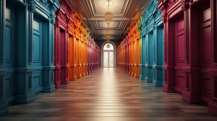 An extended, empty hallway with vibrant doors on either side, Generative AI. - obrazy, fototapety, plakaty