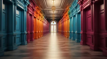 Deurstickers An extended, empty hallway with vibrant doors on either side, Generative AI. © Noobs