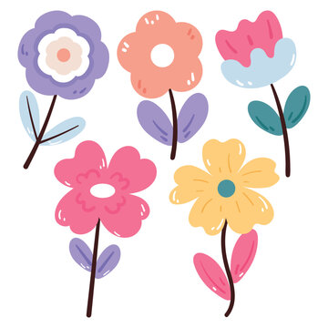 hand drawing cartoon cute flower and leaves. cute floral sticker. cute flower doodle set