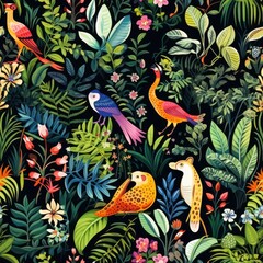 Obraz na płótnie Canvas Animals rainforest biodiversity exotic wildlife seamless pattern