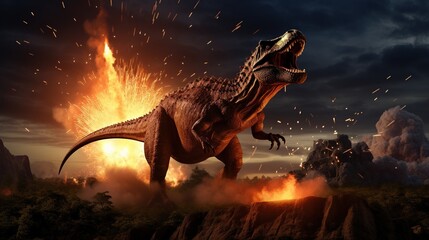Prehistoric Dinosaur In Volcanic Eruption - obrazy, fototapety, plakaty