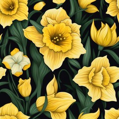 Daffodil yellow spring cheerful seamless pattern