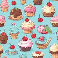 Desserts confectionery delights sweet treats seamless pattern