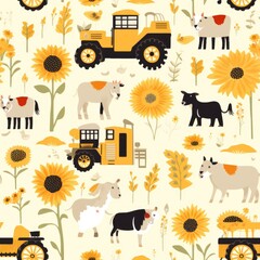 Farm barn animals tractor sunflower seamless pattern - obrazy, fototapety, plakaty