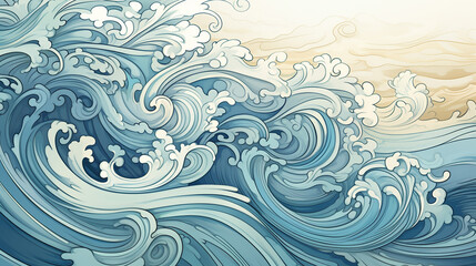 Art Nouveau Illustration of Gentle Tidal Waves. Sea wave floating background.