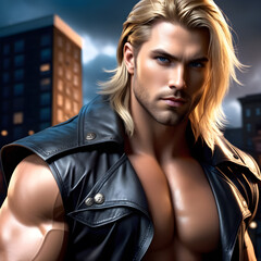 Handsome man with long blond hair and blue eyes generated with AI