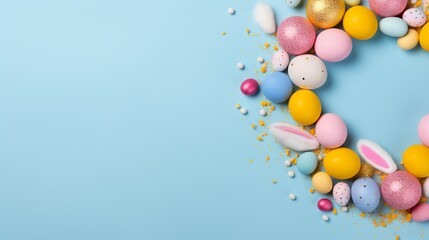 Captivating Easter Decorations: Top View Photo of Colorful Eggs, Bunny Ears, and Sprinkles on Isolated Light Blue Background with Copyspace for Promotional Content