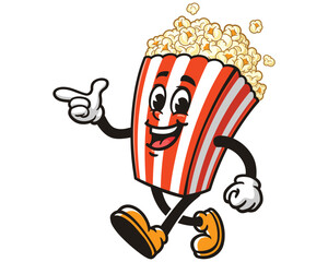 walking Popcorn with pointing hand cartoon mascot illustration character vector clip art hand drawn
