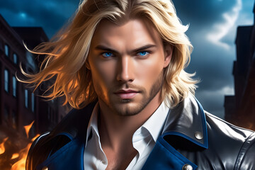 Handsome man with long blond hair and blue eyes generated with AI