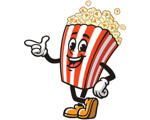 Popcorn with pointing hand and relax pose cartoon mascot illustration character vector clip art hand drawn