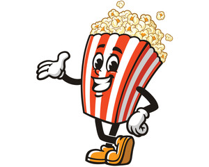 Popcorn with welcoming hand and relax pose cartoon mascot illustration character vector clip art hand drawn