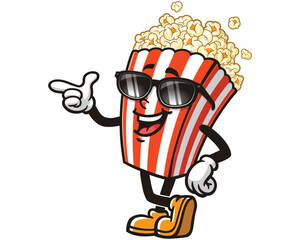 Popcorn with sunglasses cartoon mascot illustration character vector clip art hand drawn