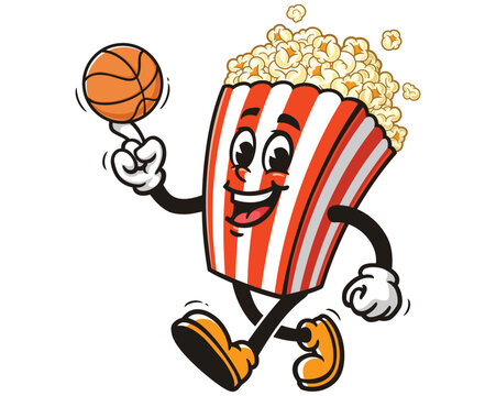Popcorn playing basketball cartoon mascot illustration character vector clip art hand drawn