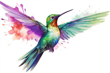 Watercolor wildlife flying bird hummingbird animal art illustration design tropical wing nature - obrazy, fototapety, plakaty