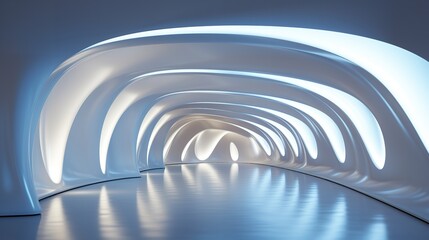 Interior of an abstract, lighted, white, curved corridor rendered in three dimensions, Generative AI.